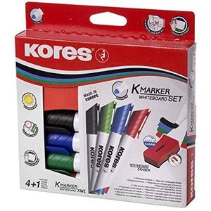 Kores - K-Marker XW1: Gekleurde whiteboard markeerstiften met ronde punt, droog doekje en geurarme inkt, school- en kantoorbenodigdheden, set van 4 verschillende kleuren + 1 magnetische gum