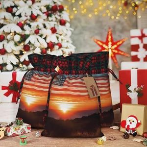 VducK Grote kerstcadeauzakjes voor geschenken zonsondergang en Amerikaanse vlag kerstcadeauzakjes kerstcadeauverpakking, herbruikbare kersttassen voor geschenken