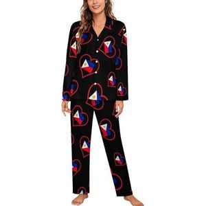 I Love Filippijnen Rood Hart Vrouwen Lange Mouw Button Down Nachtkleding Zachte Nachtkleding Lounge Pyjama Set XL
