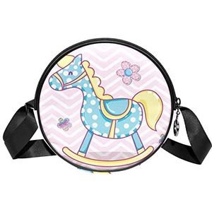 Ronde Crossbody Tas Messenger Purse voor Vrouwen Leuke Houten Paard Cartoon, Meerkleurig, 6.7x6.7x2.3 in, Sling Rugzakken