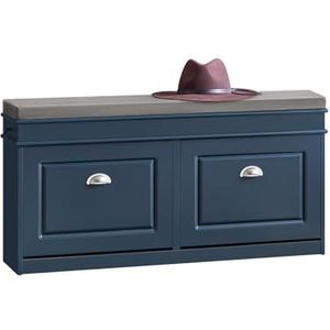 SoBuy Schoenenopbergbank, Schoenenbank met Zitkussen en 2 Kleppen, Schoenenrek met Kussen, Schoenenkast voor Hal en Gang, Ingangskast, Ruimtebesparende Schoenenopslag, Blauw, 104x24x52cm, FSR64-B