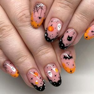 24 stuks Halloween nepnagels - Festival Elements Press on Nails - Korte amandel pompoenspin nepnagels met lijm - Glanzende volledige dekking Cartoon nepnagels Langdurige nagel DIY