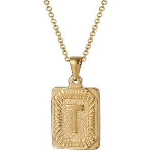 Dames eenvoudige 18K gouden vierkante merk heren roestvrijstalen letter hanger ketting sieraden(Style:T)