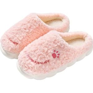 JadeRich Vrouwen Leuke Kat Poot Fuzzy Slippers Gezellige Warme Krullend Fleece Winter Huis Schoenen Borduurwerk Gewatteerde, roze, 5/6 UK
