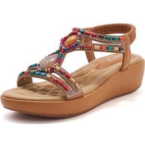 EFLALYHG Dames dikke zool sleehak sandalen Bohemian kralen platte schoenen wandelen strandschoen enkel elastische zomerpantoffels,Khaki,36 EU
