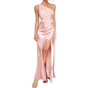 WSEYU Satijnen bruidsmeisjesjurk voor bruiloft met split avondgalajurken ruches cocktailjurk grote maten, Blush Roze, 32