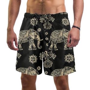 Mannen Board Shorts, Art Retro Indian Elephant Sneldrogende Badmode Strand Vakantie Party Bermuda Zwemmen Grote Broek, Kunst Retro Indiase Olifant, L