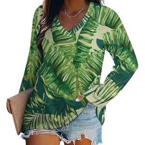 Tropische palmboom dames casual T-shirts met lange mouwen V-hals bedrukte grafische blouses Tee Tops 4XL