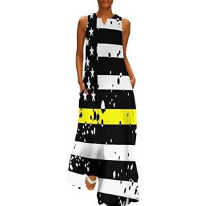 De dunne gele lijn vlag dames enkellengte jurk slim fit mouwloze maxi-jurk casual zonnejurk 5XL
