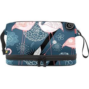 Dubbellaags Cosmetische Tas Flamingo Draagbare Make-up Tas Reizen Organizer Pouch Voor Vrouwen Meisjes Toiletries Tassen, Meerkleurig, 27x15x14 cm/10.6x5.9x5.5 in, Make-up zakje
