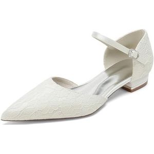 EICOFF Dames Lage Hakken Gesloten Teen Bruiloft Flats Pompen Kant Satijn Enkelband Verstelbare Gesp Bruidsschoenen Party Dress Schoenen,ivoor,36 EU