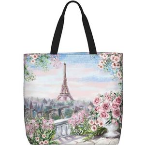 Zonsondergang Wijn Glas Print Tote Bag, Hobo Bag Crossbody Tas Voor Vrouwen Grote Capaciteit Mama Tas Schoudertas, Parijs Eiffeltoren met bloemen, Eén maat