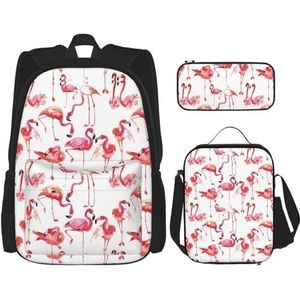 SUHNGE Bloem Print School Casual Rugzak 3 in 1 Boekentas Set Geïsoleerde Lunch Tas Schooltas Potlood Case, Flamingo's, Eén maat