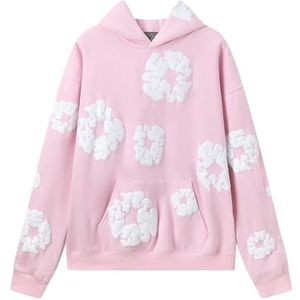ZEZEZ Modemerk Denim Tears Foam Printing trainingspak for heren en dames, jas en broek met capuchon, sweatshirt met capuchon, fleece sweatshirt met capuchon(Pink hoodie,S)