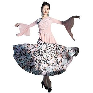 Yhsgscr Ballroom trainingsoutfit met trompetmouwen Dames V hals Waltz Big Swing rok Flamenco foxtrot dansjurk met print Lotus Leaf Swing Social danskleding,Roze,L