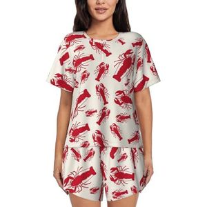 RIVETECH Pyjama met korte mouwen voor dames met rode kreeftenprint, comfortabele korte sets, nachtkleding met zakken, Zwart, XL