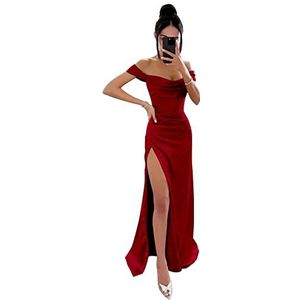 HPPEE Galajurk off-shoulder lange mouwloze zeemeermin korset satijn bruiloft gasten jurk met split voor vrouwen, Bordeaux, 40