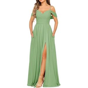 Chiffon bruidsmeisjesjurk voor dames met split avondjurken baljurk cocktailjurk grote maten, Stoffige Salie, 32
