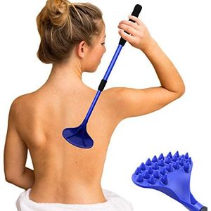 EASACE Rugkrabber voor vrouwen en mannen, uittrekbaar met sterke ABS-massagekop, 21 inch lichaamskrabber voor volwassenen - huisdieren compact - intrekbaar (blauw)