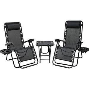 3-delige set zonnestoelen, inklapbare ligstoel met verstelbaar hoofdkussen en rugleuning, relaxstoel voor lunchpauze met bijzettafel en bekerhouder, ergonomisch en ademend, zwart