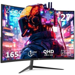 Z-Edge Gaming Monitor Gebogen 27'' 2K QHD(2560x1440), 1ms, 165Hz, FreeSync, 16:9 Gebogen Scherm 1440P met DP-kabel, 1500R VA, kantelbaar Instelbaar, 2*HDMI2.0 & 2*DP1.4, 300cd/m²,VESA 100 * 100mm