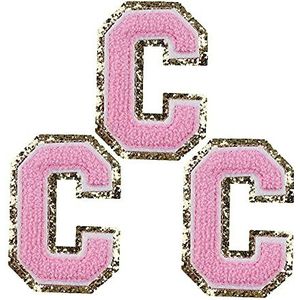 Engels Letter C Iron On Repair Patches Alfabet Naaien Appliques Kleding Badges, Roze Letters met Gouden Border, Zelfklevende Terug