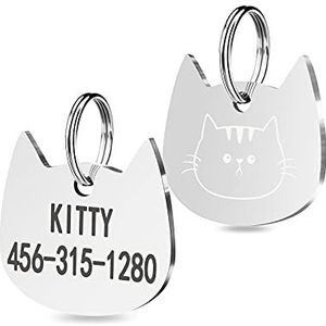 Huisdier-ID-tags, gepersonaliseerde hondenlabels kattenlabels in pootkat gezichtsvormen gegraveerde naam en telefoonnummer van huisdieren (zilver-kat gezichtsvorm)