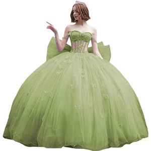 Fuomomo Quinceanera-jurk met dunne bandjes en vlinderglitter, Quinceanera-jurk met vlinders en grote strik, baljurk van kant met parels MT053, Salie, 30 NL