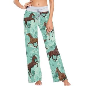 Mnsruu Dames pyjamabroek Paarden Turquoise Bloemen, C11, XL