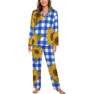 Heldere Zonnebloemen Op Blauwe Plaid Lange Mouw Pyjama Sets Voor Vrouwen Klassieke Nachtkleding Nachtkleding Zachte Pjs Lounge Sets
