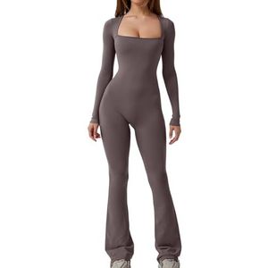 Alinelle Bodycon, eendelig jumpsuits met lange mouwen, vierkante hals, rekbaar, yogalakje, unitard, speelpak, fitness, workout, sportoutfits, D-Grijsachtige Koffie, L