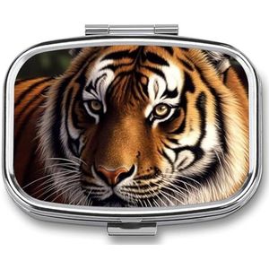 Bengaalse tijgerpillenetui met 2 compartimenten, pillenorganizer, draagbare vierkante pillendoos, vitaminepillenorganizer voor zakportemonnee en reizen