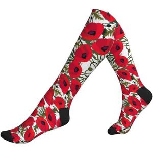 KoNsev Poppy Flower Pattern Compressie Sokken Voor Vrouwen Mannen Ondersteuning Sokken Knie Hoge Verpleegkundigen, Zwangerschap, Hardlopen, Vliegen, 2 Zwart-2, Eén Maat