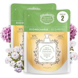 Panier des Sens - Marseiller vloeibare handzeep – navulling verbena-zeep – 97% natuurlijke ingrediënten – vochtinbrengende zeep met kokosolie – navulbare zeep voor badkamer en keuken – 2 x 500 ml