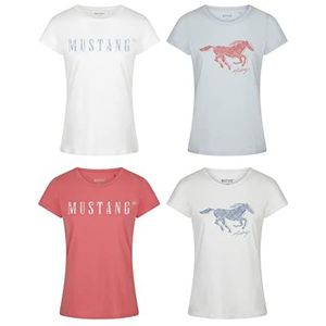 MUSTANG Dames T-shirt 4-pack slim fit ronde hals basic korte mouwen logo print zomer shirt 100% katoen wit blauw groen rood S M L XL XXL, Kleurmix 6, M