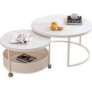 Nesting salontafel set van 2, bijzettafel 360° mobiliteit middentafel met metalen frame en mand, accent bijzettafels stapelbare hoektheetafel voor woonkamer, slaapkamer en kleine ruimtes(White,60x45+4