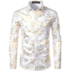 PARKLEES Luxe, goudkleurig, glanzend, paisley-print, stijlvol overhemd, slanke pasvorm voor heren, Wit Goud, L