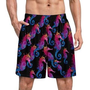 Regenboog zeepaardje grappige pyjama shorts voor mannen pyjamabroek heren nachtkleding met zakken zacht