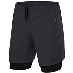 TCA Mannen Ultra 2 in 1 Hardloop Gym Shorts met Ritszakje - Grijs (2x ritszakken), XXL