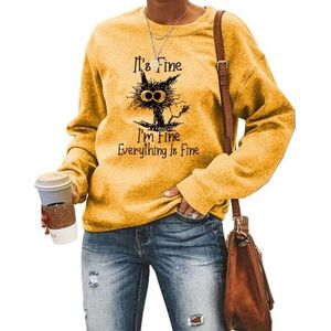 MLZHAN It's Fine I'm Fine Everything Is Fine Dames Sweatshirt Grappig Explosief Haar Kat Print Shirts Lange Mouw Truien Top, Geel, S