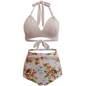 Bikiniset voor dames met ruches en bikini, badpakken, grote maten, dames, hoge taille, halterbikini, geplooid, tweedelige badmode, C-1991-582434643380, M