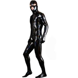 Men's Shiny Patent Leather Full Body Latex Bodysuit Skinny Zipper Jumpsuit (Color:Black,Size:5XL)