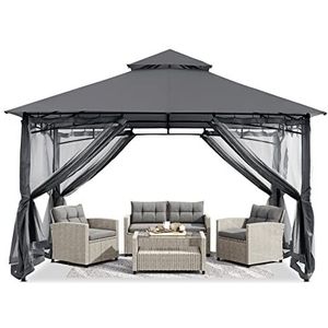 ABCCANOPY 2,5 x 2,5 m tuinpaviljoen voor terras, dubbel dakzacht dak, tuin, achtertuin, paviljoen met net voor schaduw en regen, grijs