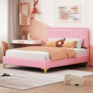 VSOGA Gestoffeerd bed, 140 x 200 cm, tweepersoonsbed, in hoogte verstelbaar hoofdeinde, tienerbed met lattenbodem, metalen poten, kunstleder roze (matras niet inbegrepen)