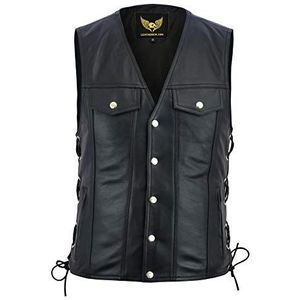 Leatherick Unisex echt leren motorvest in denimstijl met veters aan de zijkant en chromen knopen 3XL Zwart