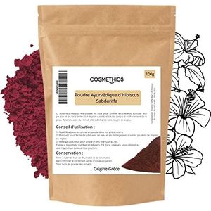 Ayurvedisch Hibiscus poeder, 100 g, Cosm'Ethics® 100% zuiver en natuurlijk, cosmetische en levensmiddelenkwaliteit, hersluitbare zak voor optimale conservering