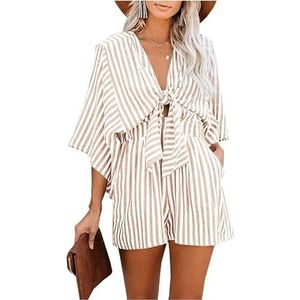 BANGHA Jumpsuits Voor Vrouwen Zomer Casual Zomer Taille Afslanken Gestreepte Jumpsuit Voor Vrouwen, Diepe V Uitlopende Mouw Driekwart Broek, Lichtbruin, 3XL