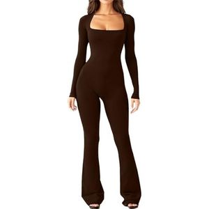 Gewatteerde bh-jumpsuit voor dames,Lange mouw bodycon vierkante hals dames herfst chic broek romper - Bodycon-rompertje met volledige lengte en wijde pijpen met vierkante hals en broek voor Hirara