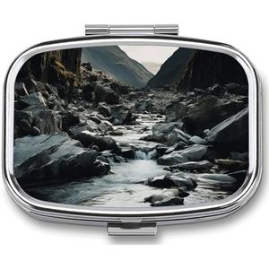 River and Gray Rocks pillenetui met 2 compartimenten, pillenorganizer, draagbare vierkante pillendoos, vitaminepillenorganizer voor zakportemonnee en reizen