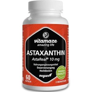 Astaxanthine Capsules Hoge Dosis & Veganistisch, 10 mg per capsule, natuurlijk astaxanthine poeder uit de bloedregenalg, 60 capsules voor 2 maanden, voedingssupplement zonder additieven